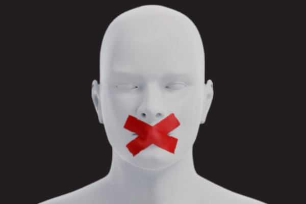 Bust of a person with red tape in the shape of an X over its mouth.